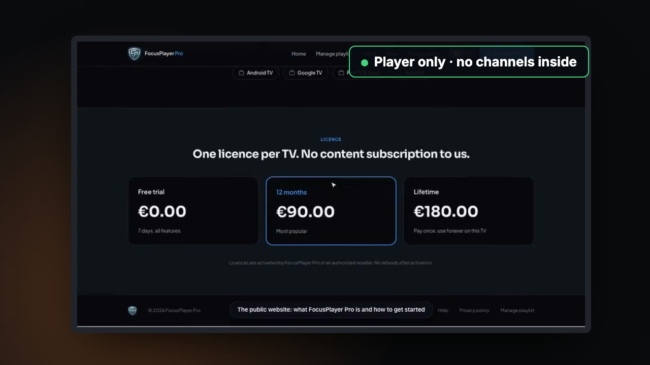 An IPTV player's licence page on a TV, labelled player only, no channels inside